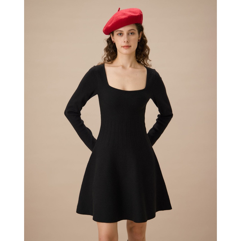 Black Square Neck Ribbed Sweater Dress