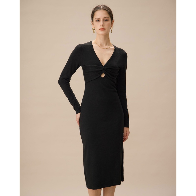 Black V Neck Cut Out Bodycon Sweater Dress