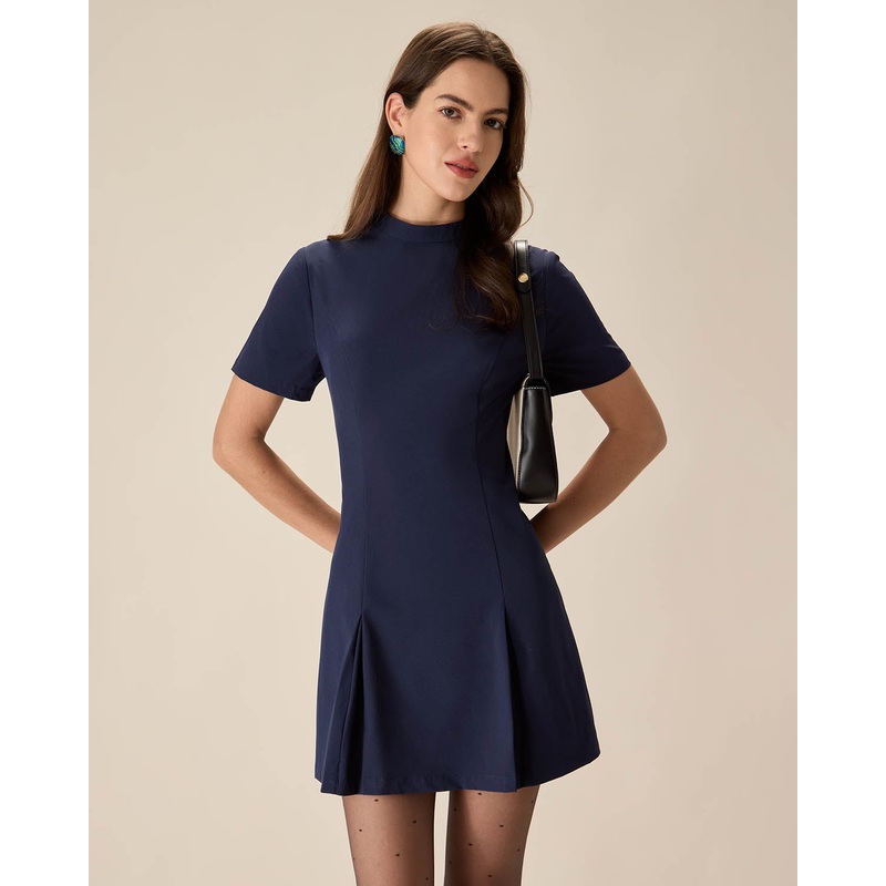 Blue Mock Neck Pleated Mini Dress