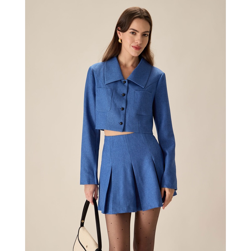 Blue Single-Breasted Pocket Crop Jacket