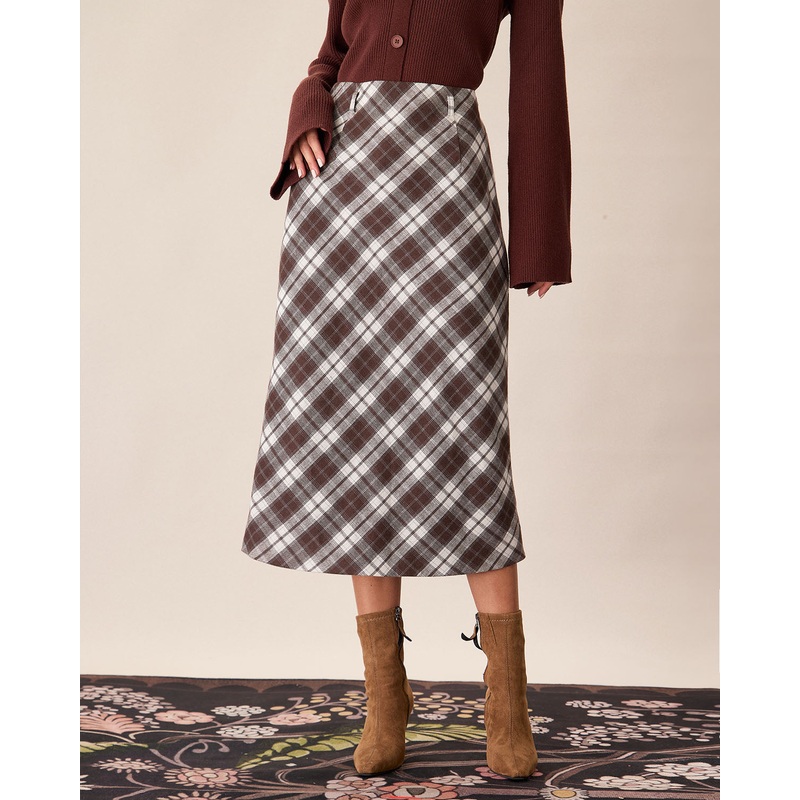 Brown Plaid Slit Satin Midi Skirt