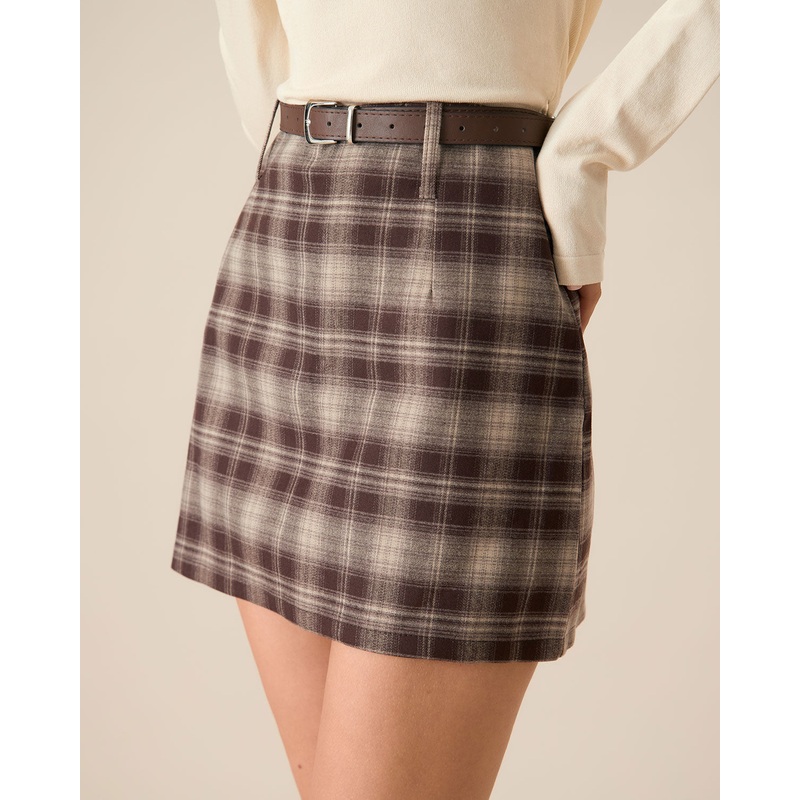 Brown Plaid Straight Mini Skirt