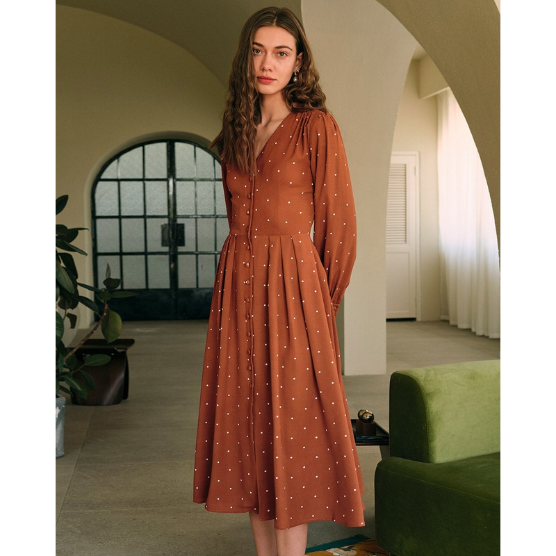 Brown Polka Dot Pleated Midi Dress