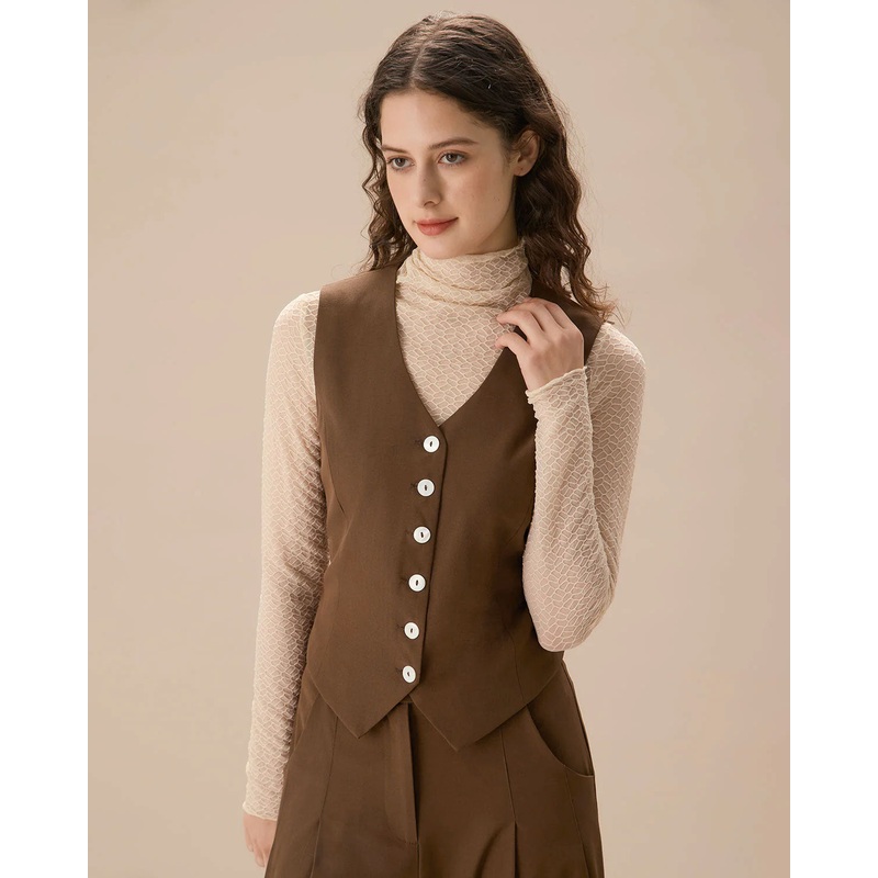 Brown V Neck Button Up Sleeveless Vest