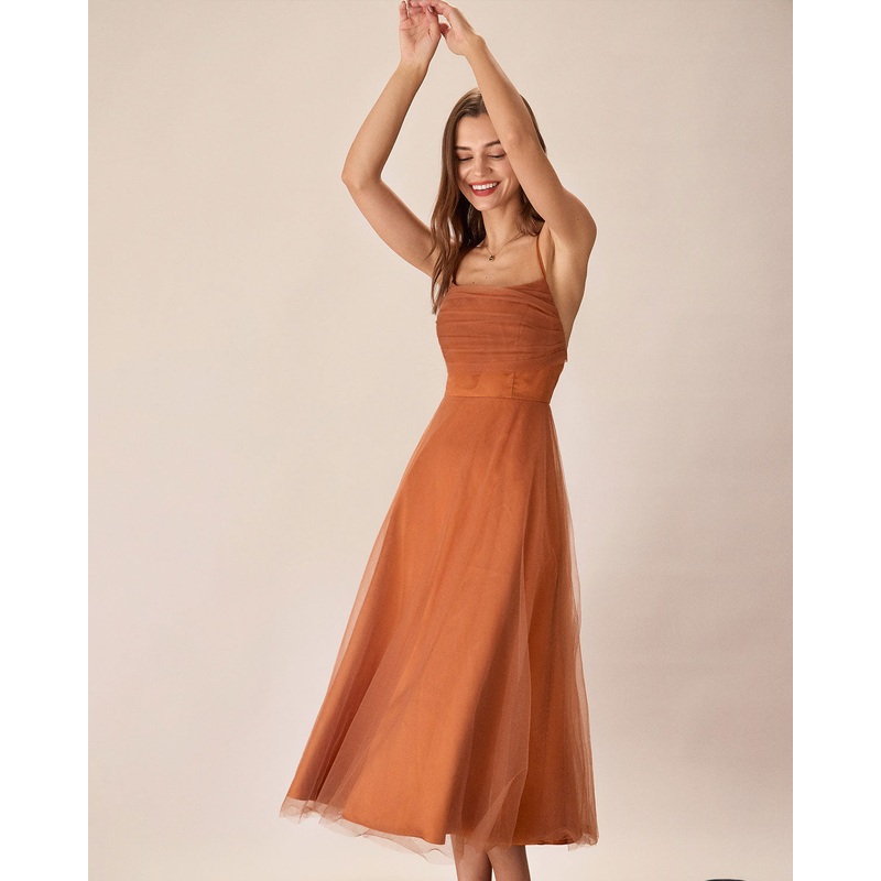 Caramel Mesh Flowy Slip Midi Dress