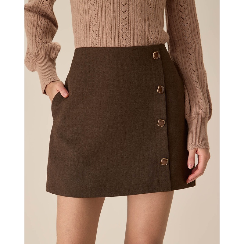Coffee High-waisted Button Mini Skirt