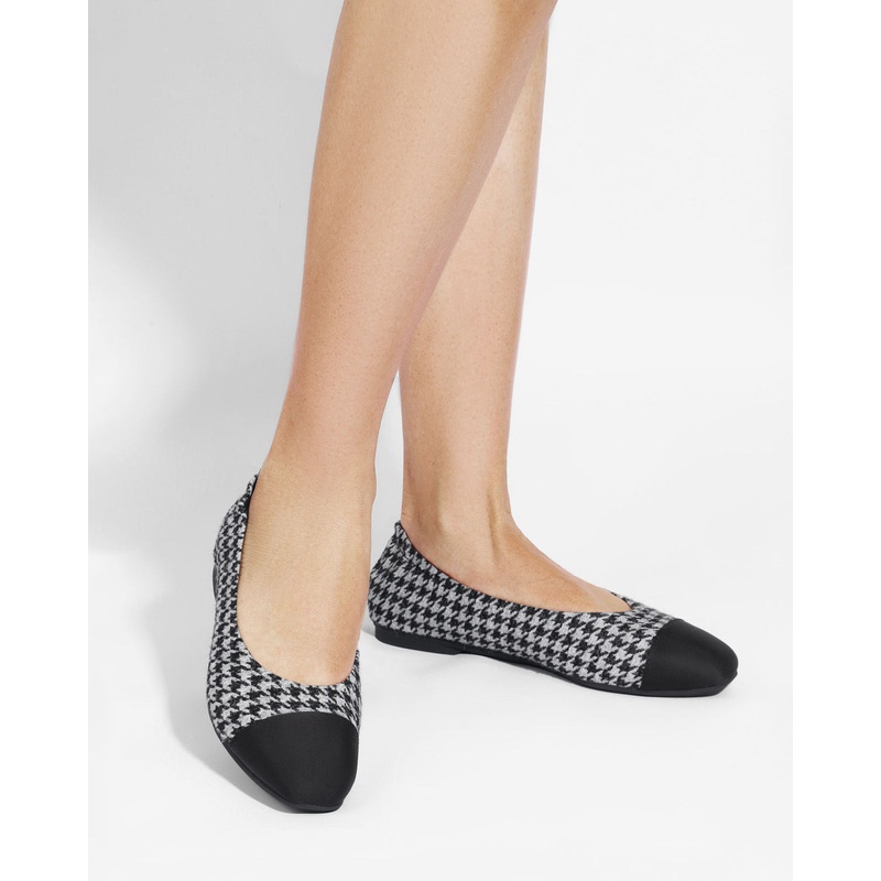 Enfiis Black and Grey Houndstooth Jacquard Square Toe Ballet Flats
