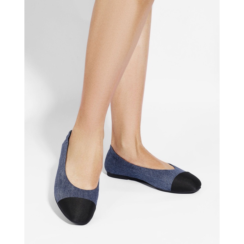 Enfiis Blue Twill Denim Square Toe Ballet Flats