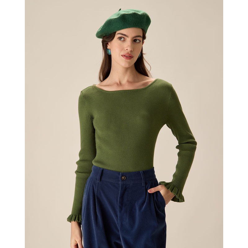 Green Boat Neck Ruffle Slim Tee