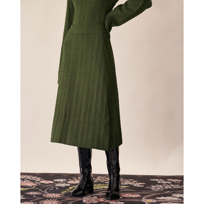 Green Elastic Waist Knit Midi Skirt