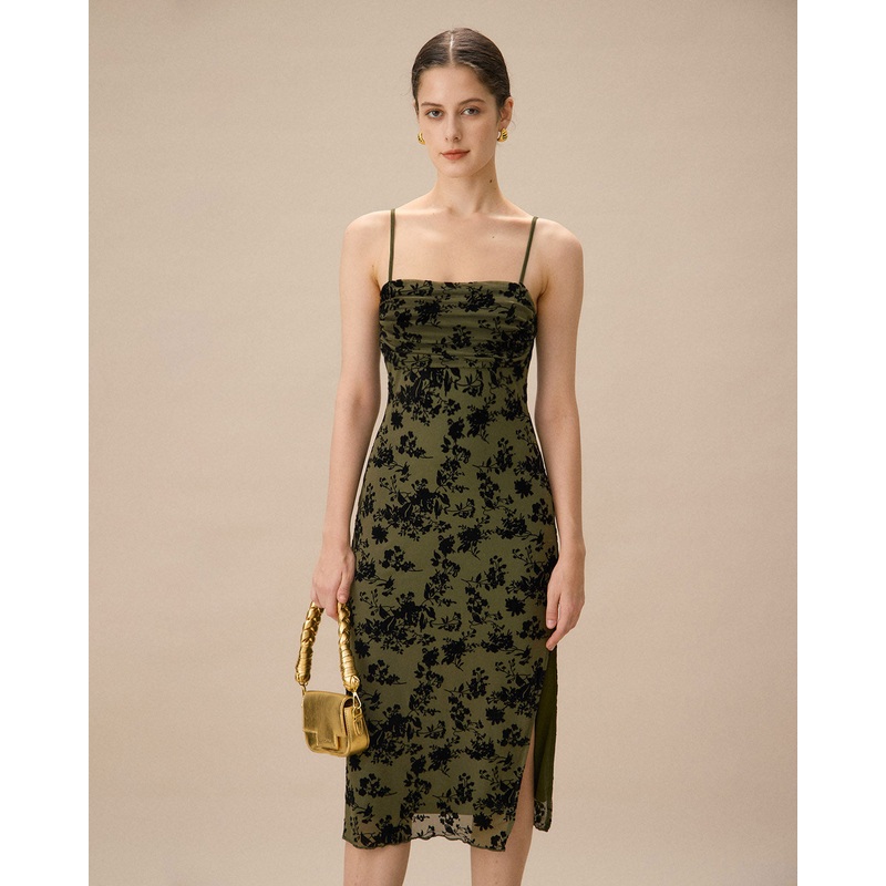 Green Jacquard Ruched Slit Midi Dress