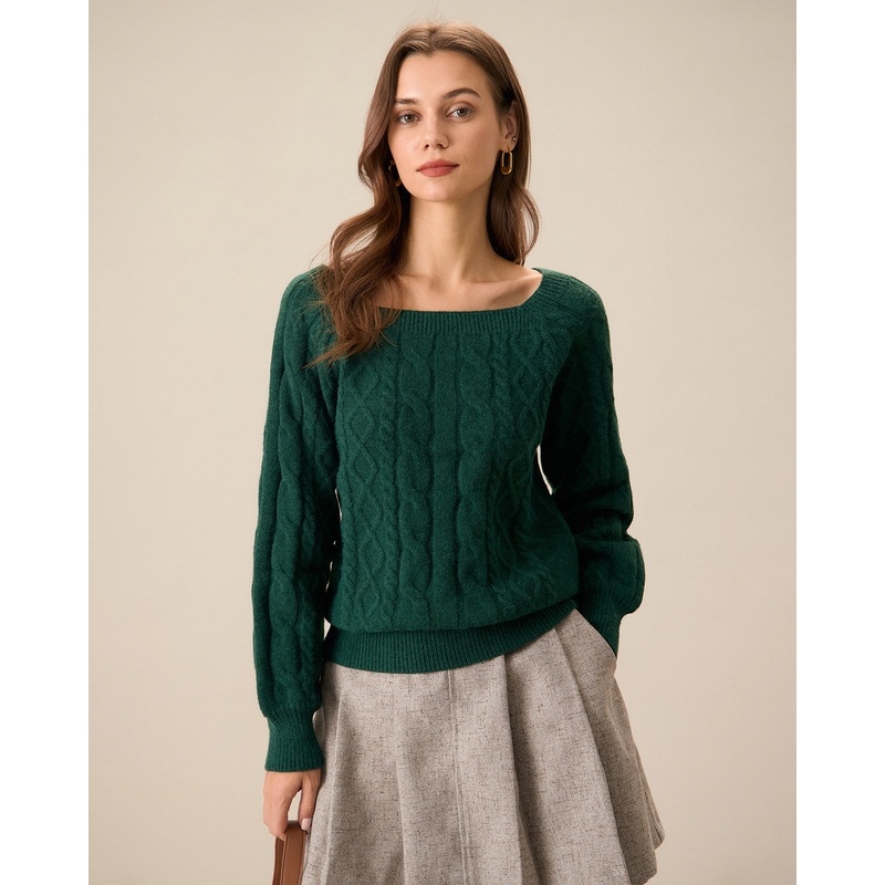 Green Romance Cable Knit Crew Sweater