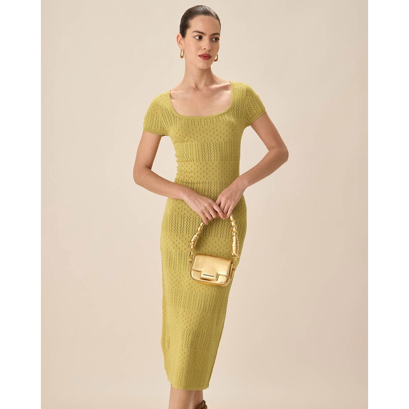 Green Square Neck Bodycon Midi Dress