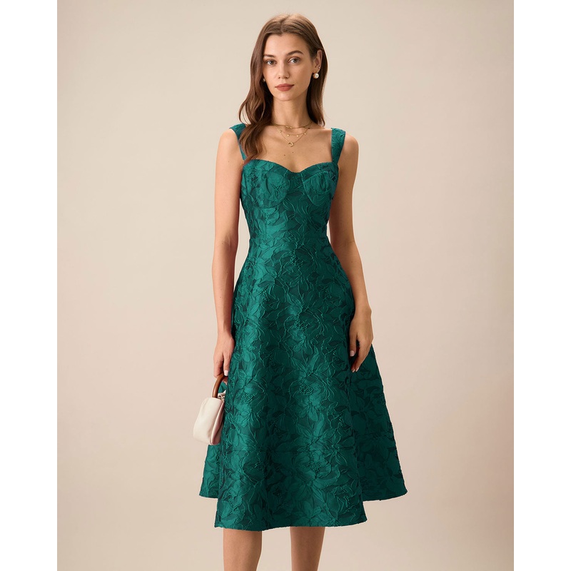 Green Sweetheart Neck Jacquard Midi Dress