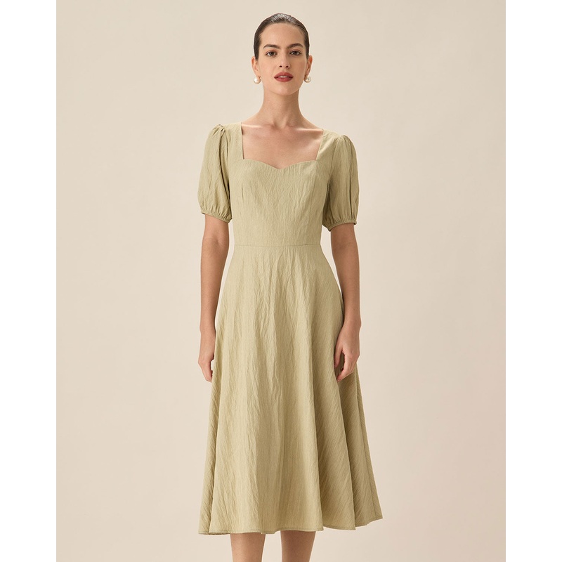 Green Sweetheart Neck Shirred Midi Dress