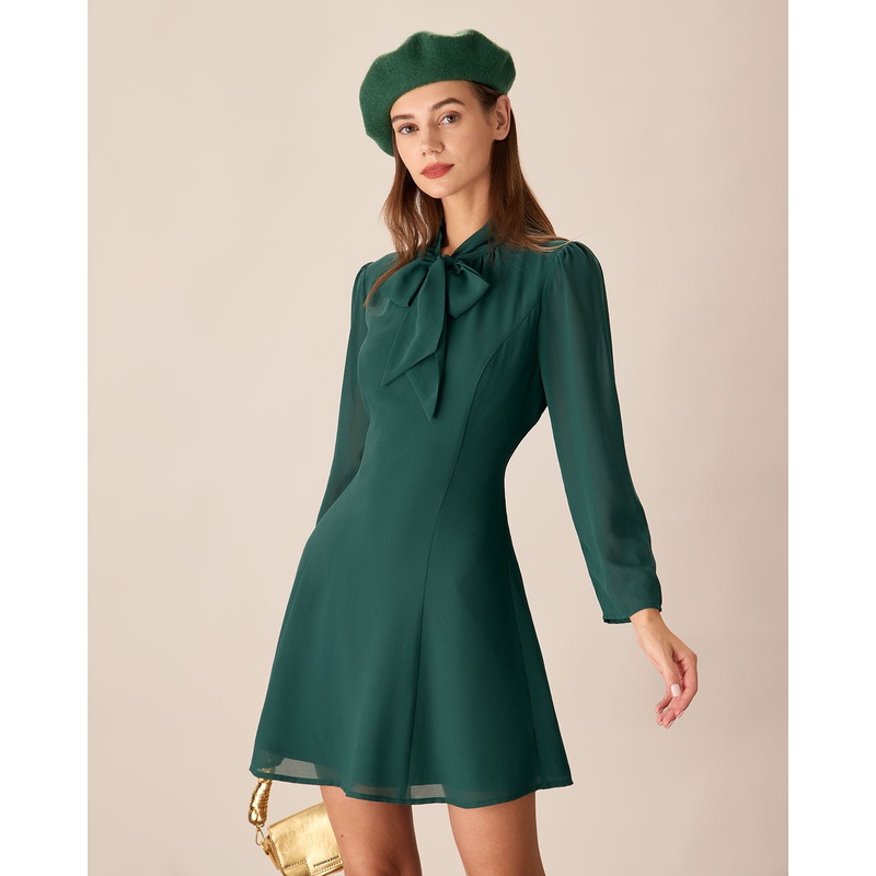 Green Tie Neck See-Through Mini Dress