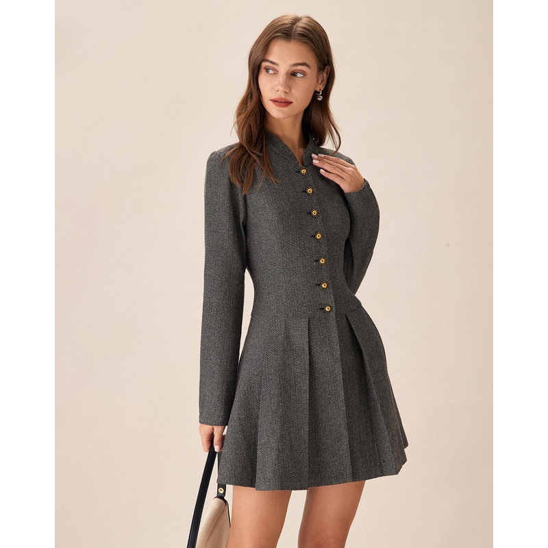 Grey Button Pleated Mini Dress