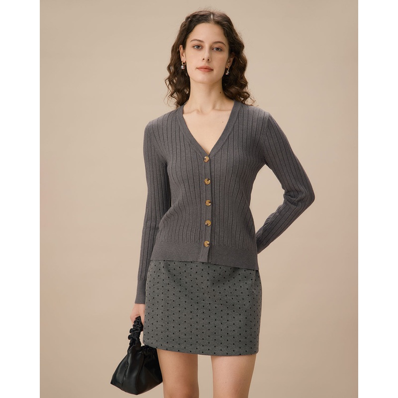 Grey V-Neck Single-breasted Cardigan