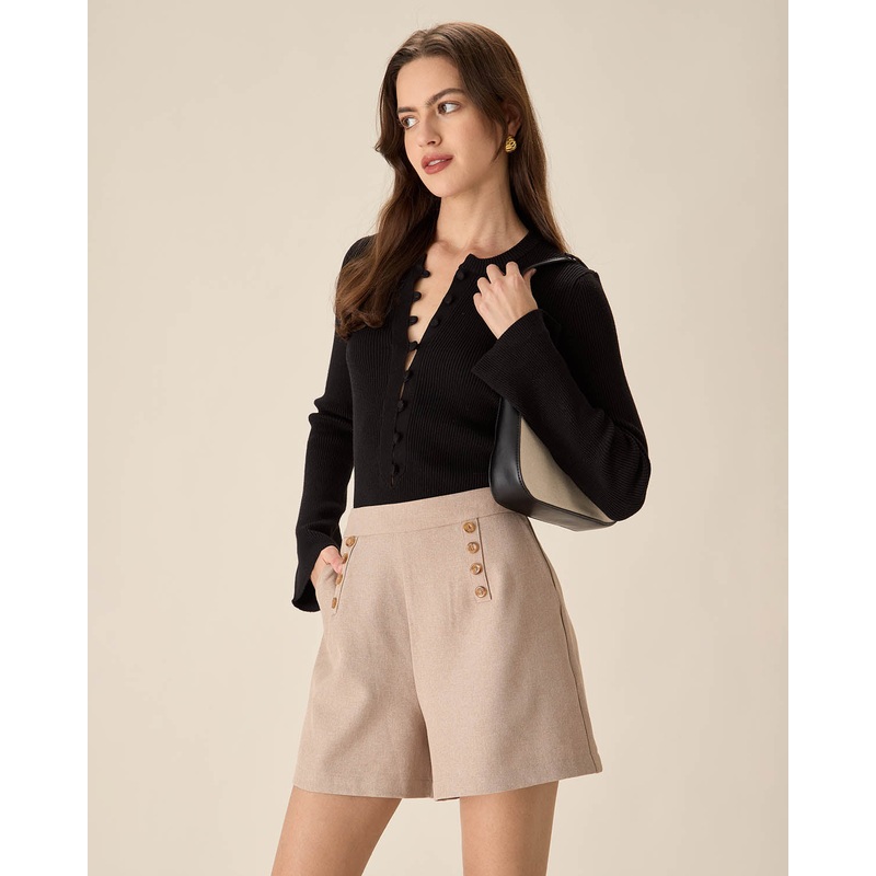 Khaki High-waisted Pocket Shorts