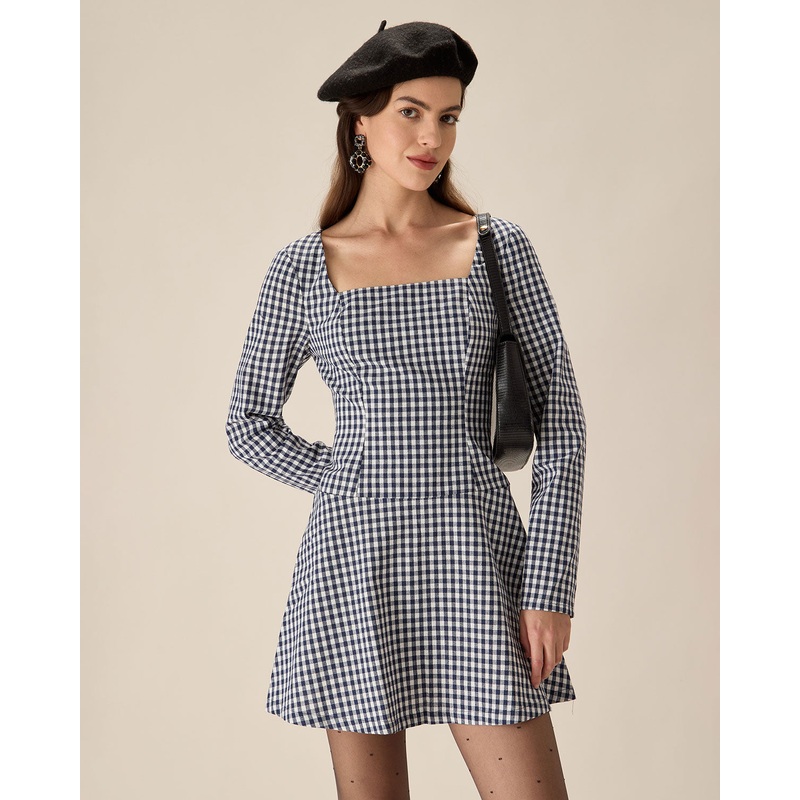 Navy Square Neck Plaid Mini Dress