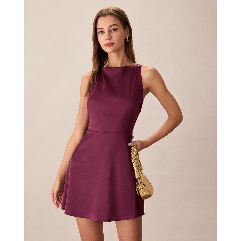 Purple Boat Neck Sleeveless Mini Dress