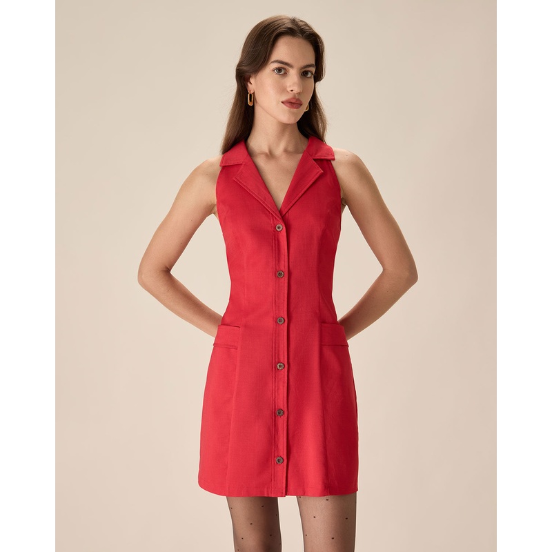 Red Collared Pocket Button Mini Dress