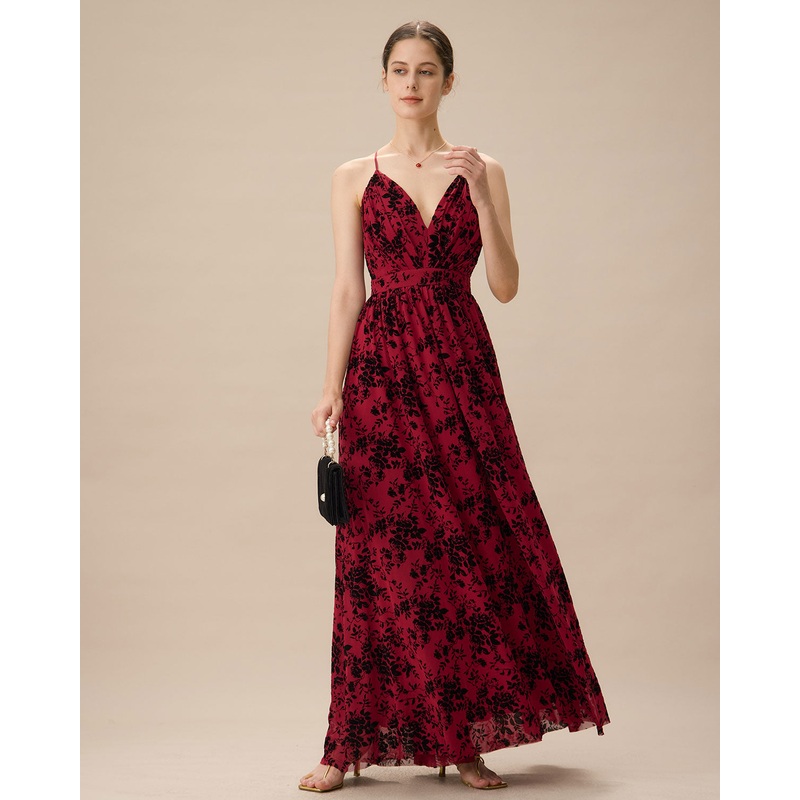 Red Floral Flocked Mesh Slit Maxi Dress