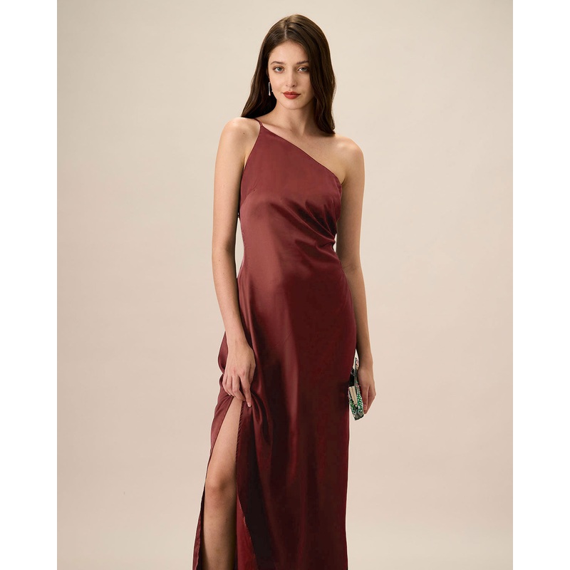Red One-shoulder Satin Maxi Dress