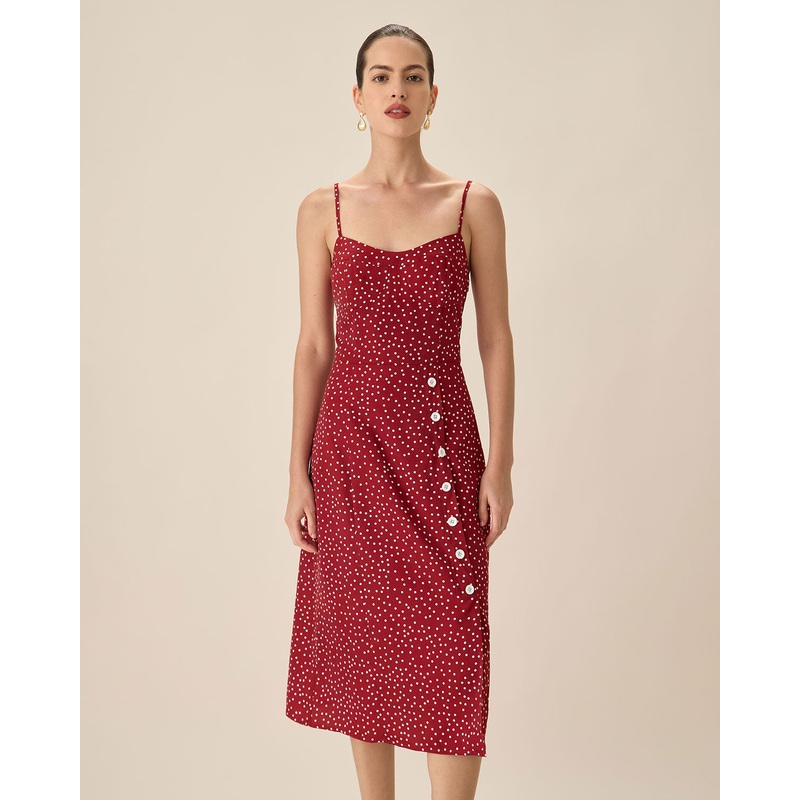 Red Polka Dot Slip Midi Dress