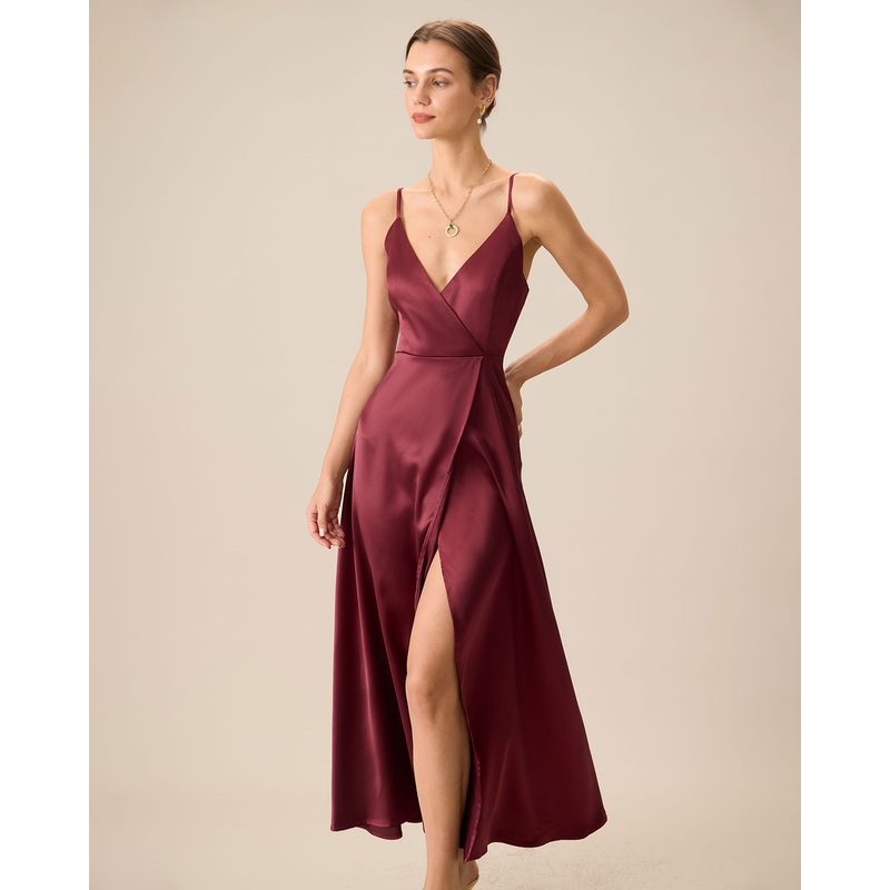 Red Satin Slit Maxi Dress