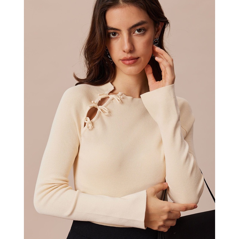 The Beige Ribbed Cut Out Bowknot Knit Top