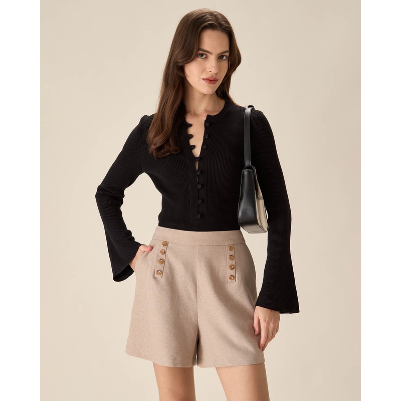 The Black Round Neck Button Up Knit Top