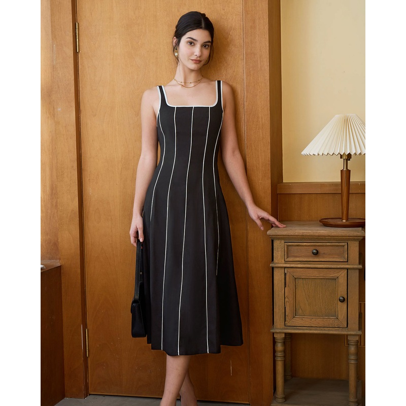 The Black Square Neck Contrast Midi Dress