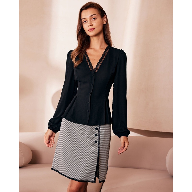 The Black V Neck Lace Trim Button Blouse