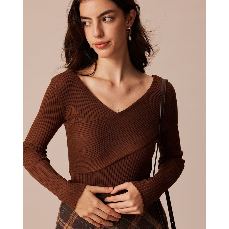 The Coffee V Neck Criss-Cross Wrap Knit Top