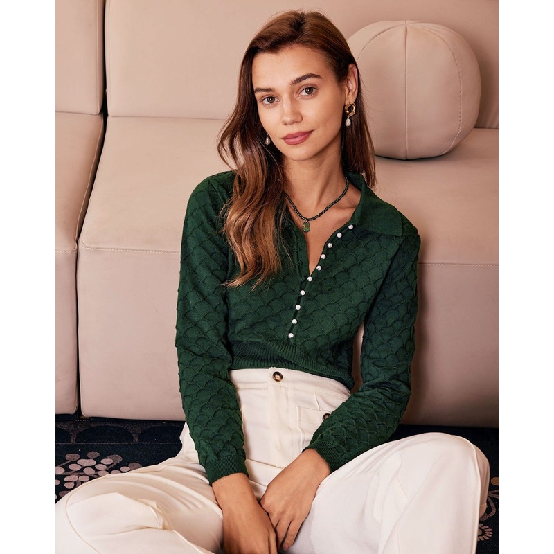 The Dark Green Lapel Ribbed Textured Knit Top
