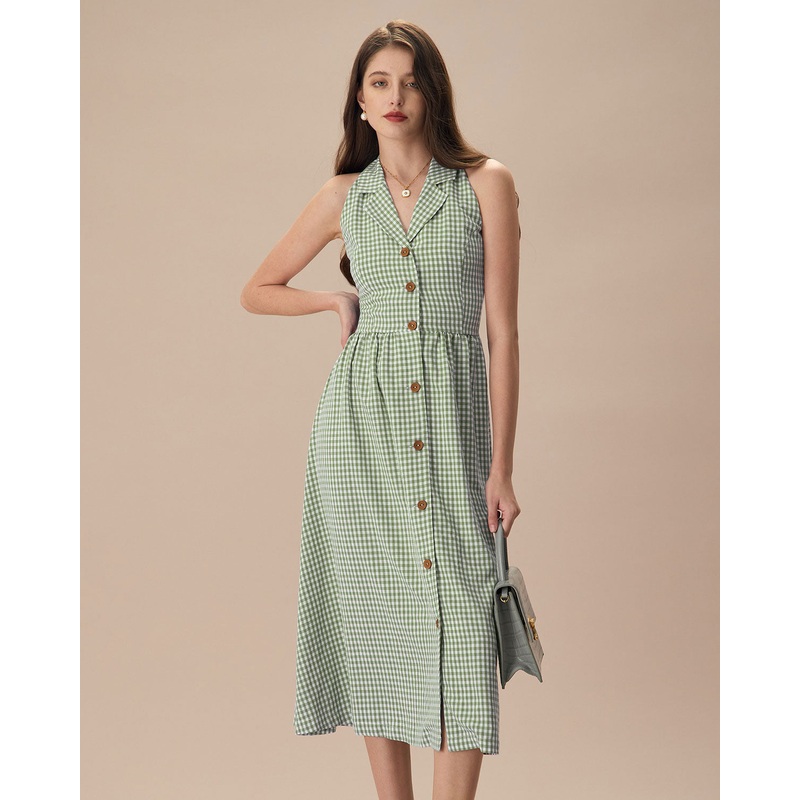 The Green Lapel Plaid Sleeveless Shirt Midi Dress