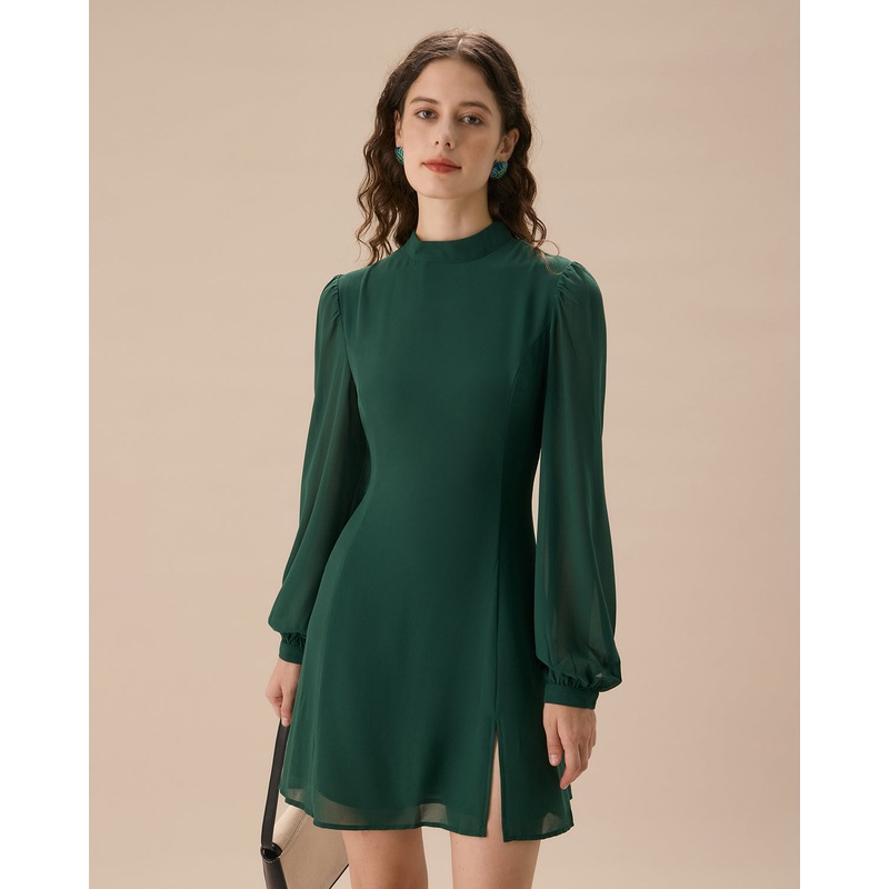 The Green Stand Collar Sheer Slit Mini Dress