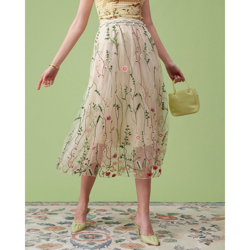 The High Waisted Floral Embroidery A-line Midi Skirt
