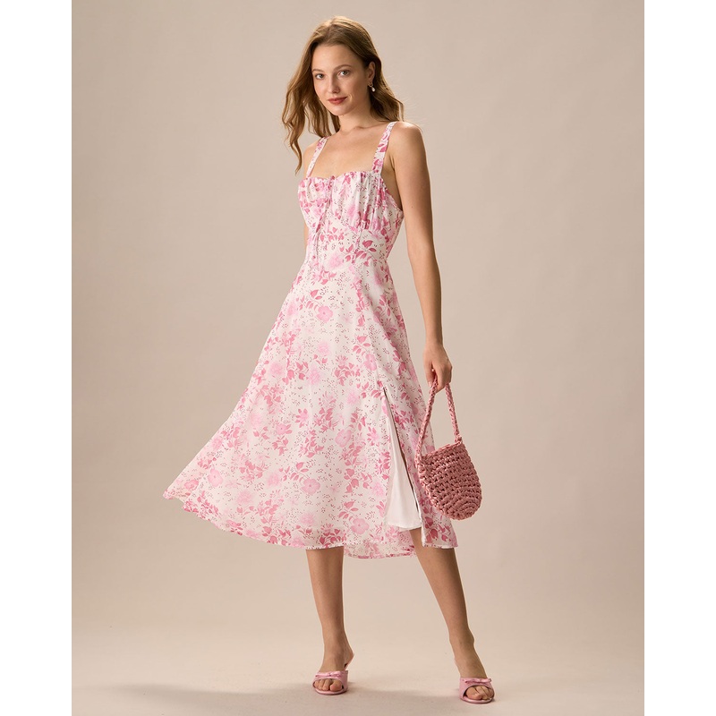 The Pink Square Neck Floral Ruched Midi Dress