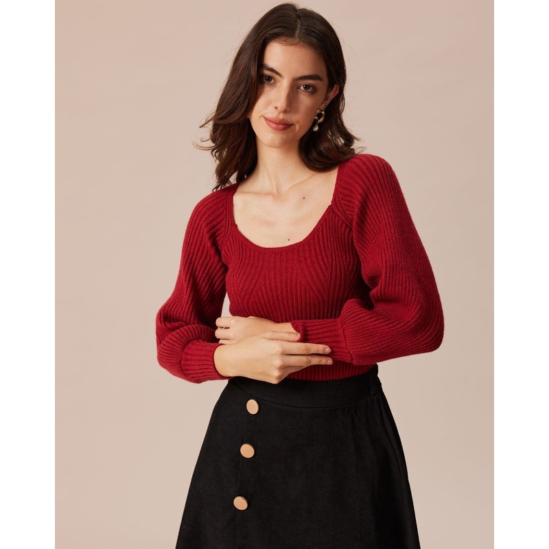 The Red Scoop Neck Lantern Sleeve Sweater
