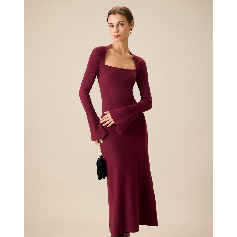 The Red Square Neck Flare Sleeve Midi Dress