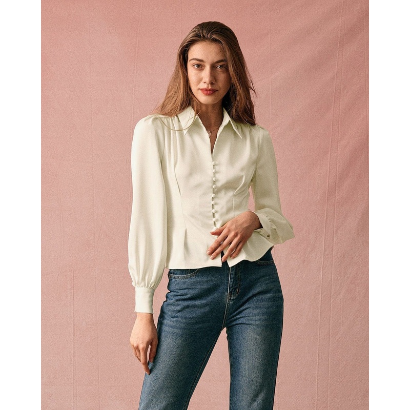 The Solid Collared Puff Sleeve Satin Blouse