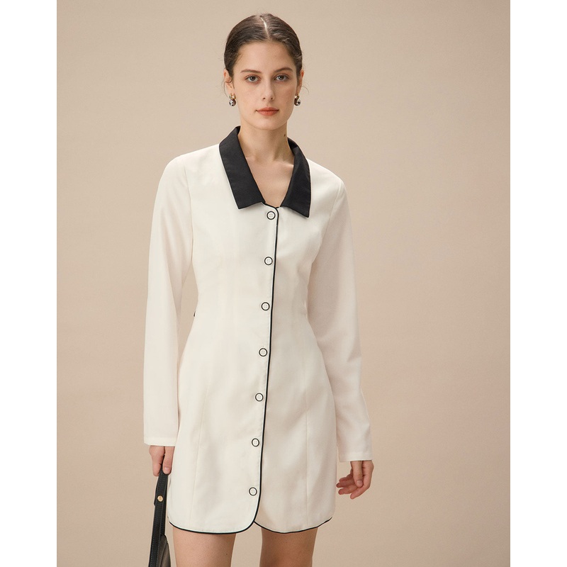 White Contrasting Button-Up Mini Dress