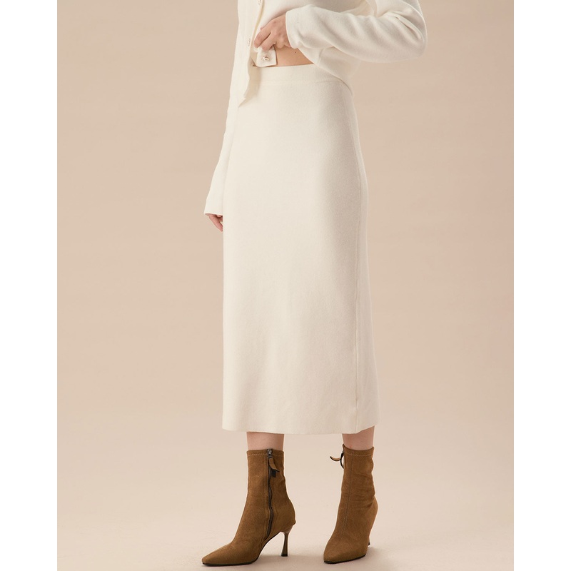 White Elastic Waist Straight Skirt