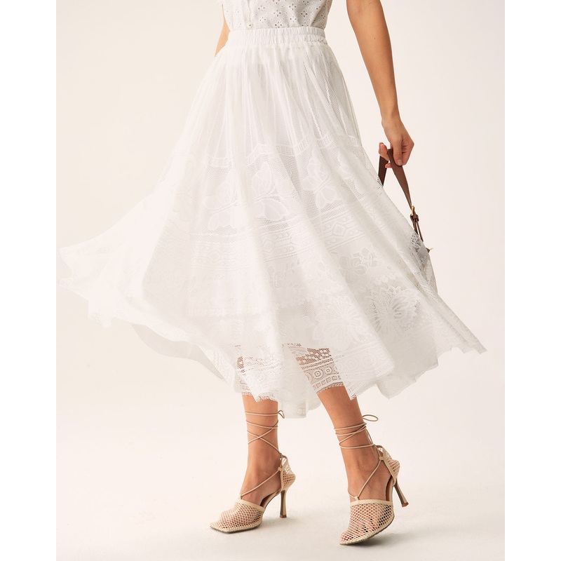 White Lace Elastic Waist Midi Skirt