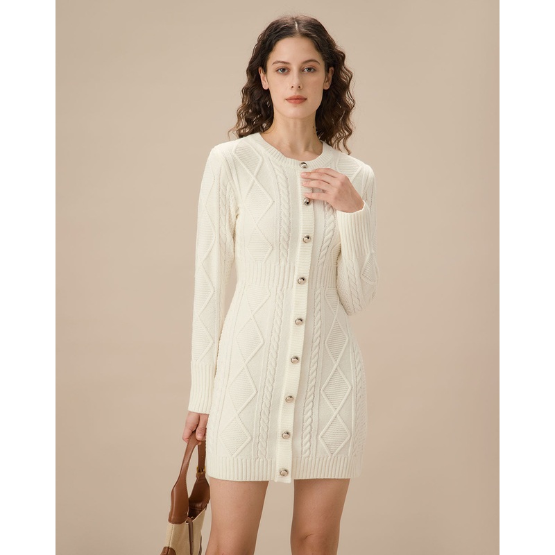 White Round Neck Bodycon Sweater Dress