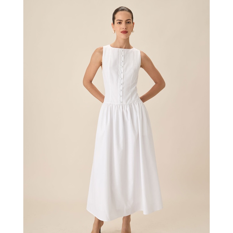 White Round Neck Pocket Maxi Dress