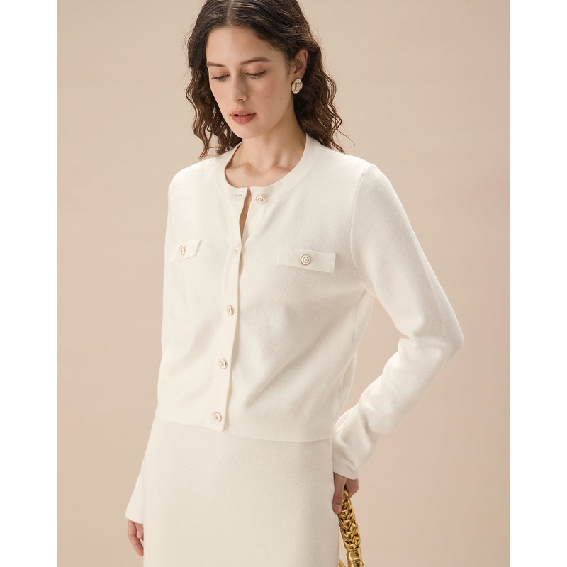 White Single Breasted Knit Cardigan