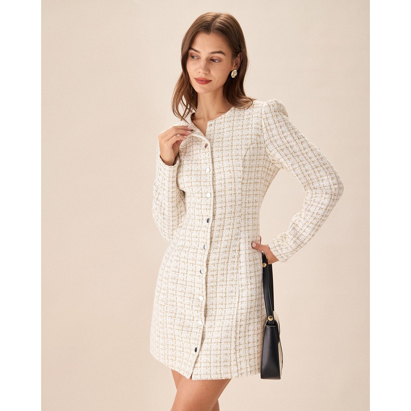 White Square Neck Tweed Mini Dress